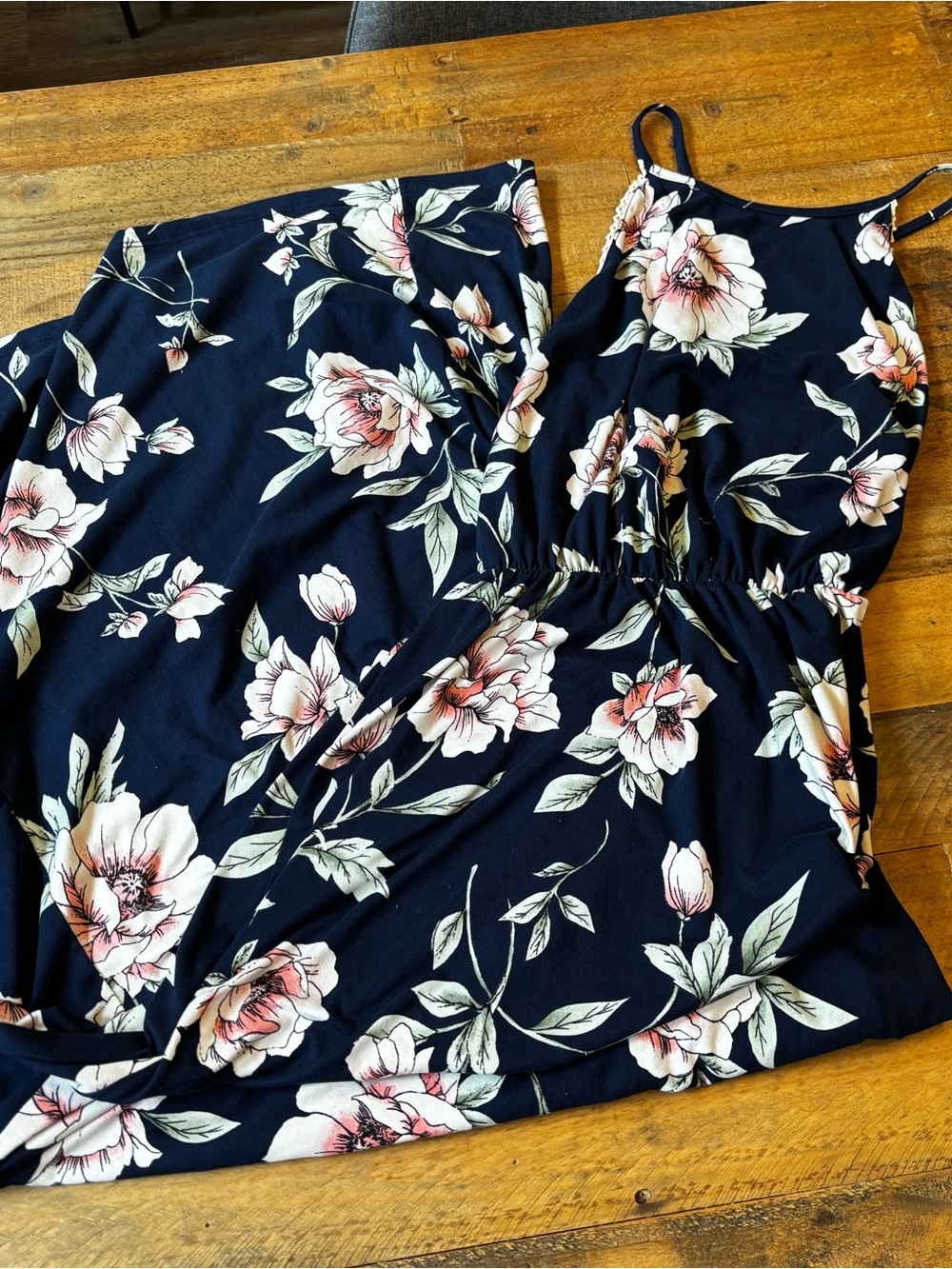 French Grey Navy Floral Dress with Pink and Cream Blooms